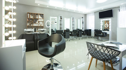 Places at hairdresser with professional equipment, panorama