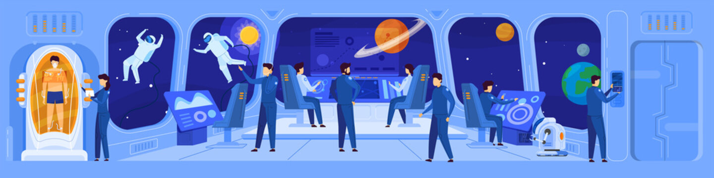 Science fiction spaceship crew on command deck, vector illustration. Team navigating spacecraft in interstellar mission, space exploration of future. People cartoon characters science fiction movie