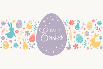 Cute bunnies, eggs and flowers on background with Happy Easter wishes. Vector