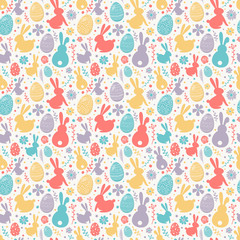 Easter concept with colourful eggs, bunnies and flowers. Seamless pattern. Vector