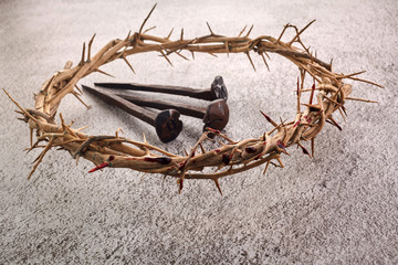 Jesus Christ Crown of thorns with three nails. Religion background. Easter symbol. Crucifixion Of Jesus Christ. - obrazy, fototapety, plakaty