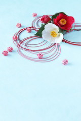 紅白の椿の花と水引飾り