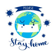 Fototapeta na wymiar Stop coronavirus! Stay home! Crying planet in virus mask. Pandemic. Wuhan coronavirus illustration. Medical illustration. Covid-19
