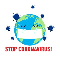 Stop coronavirus! Crying planet in virus mask. Pandemic. Wuhan coronavirus illustration. Medical illustration. Covid-19