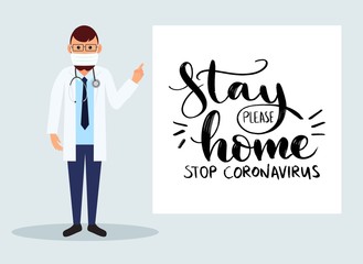 Stop coronavirus! Stay home! Vector medical illustration. Medical support. Doctor in virus mask. Virus in China. Wuhan corona virus illustration.