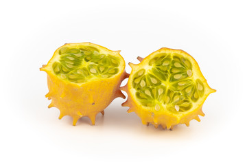 horned melon fruit isolated on white copy space