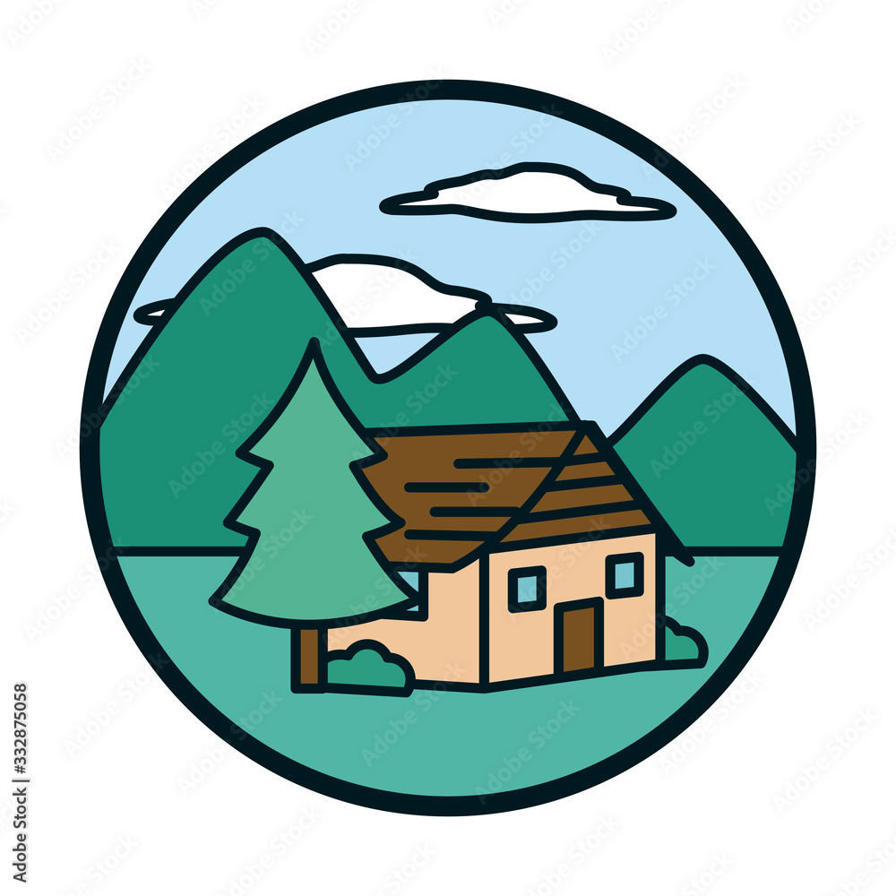 Poster house clouds and pine tree line and fill style icon vector design