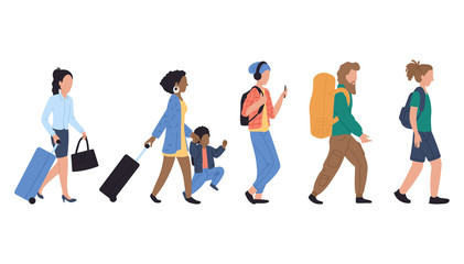 Fototapeta premium Walking people in queue at airport, vector illustration.Characters woman, man and kid with luggage in airport. Different passengers with baggage at international and domestic airport. Flat style.