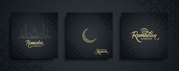 Ramadan Kareem celebrate cards set. Ramadan islamic holiday invitations templates collection with gold crescent moon, hand drawn lettering and mosque. Vector illustration. - obrazy, fototapety, plakaty