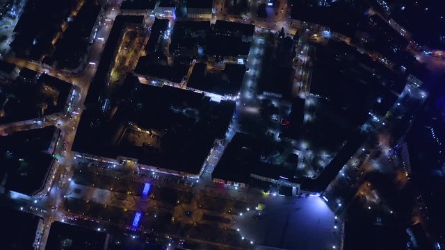 Top view of night city with cars and night lights. night Ternopil. Ukraine. Night life.