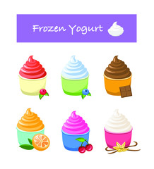 Set of healthy frozen yogurts with different tastes: cranberry, blueberry, chocolate, orange, cherry, vanilla.