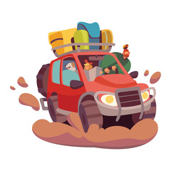 Car travel and trip through mud and field, vector illustration, isolated on white background. Man character with baggage, outdoor camping concept and wildlife. Colorful flat style.