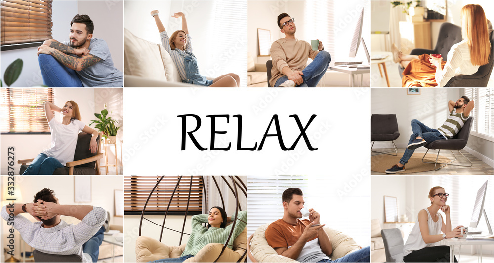 Sticker Collage of different people resting indoors and word Relax