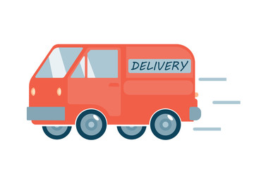 Poster concept for home goods delivery. Restaurant or supermarket delivering food by track at doorstep in quarantine. Sitting home and Order online food or goods at anytime.