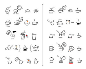 Set of methods of brewing tea and coffee. Preparation instructions. Vector elements for infographics. Set of sign for detailed guideline. Ready for your design.