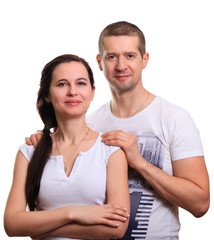 Couple, man and woman stand by and look into camera