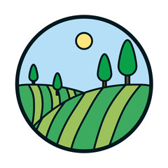 Sun and trees line and fill style icon vector design