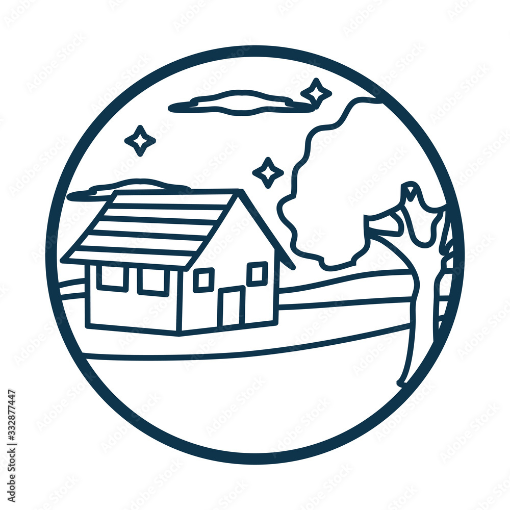Poster house clouds and tree line style icon vector design