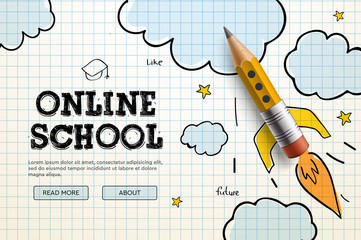 Online School. Digital internet tutorials and courses, online education, e-learning. Web banner template for website, landing page and mobile app development. Doodle style vector illustration - obrazy, fototapety, plakaty