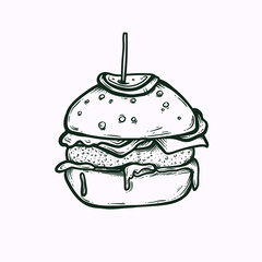 burger isolated hand drawn illustration. fast food clipart element, cheeseburger, hamburger. tasty,greasy junk food , unhealthy diet.