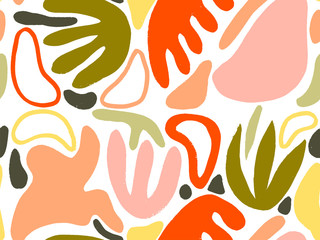 Seamless abstract doodle background pattern in bright summer positive colors. Hand-drawn abstract pattern with randomly arranged spots and dots and lines. Pencil and paint texture.