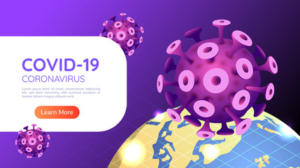 Isometric web banner covid-19 virus or coronavirus outbreak in 2020 with world globe