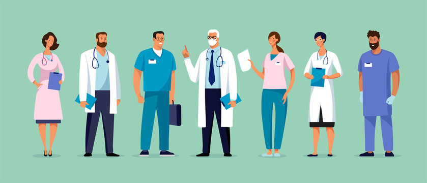 Set of male and female characters of doctors. Surgeons, doctors, nurses. Conceptual illustration, hospital medical team, poster. Vector template for design