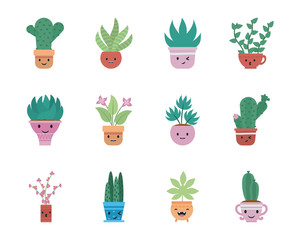 Kawaii plants inside pots flat style icon vector design