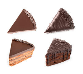 Set with different chocolate cake pieces on white background