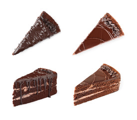 Set with different chocolate cake pieces on white background