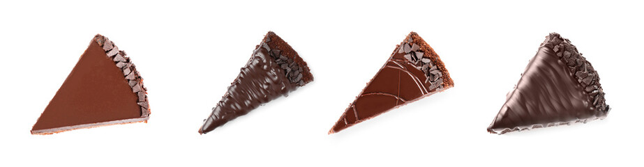 Set with different chocolate cake pieces on white background, top view. Banner design