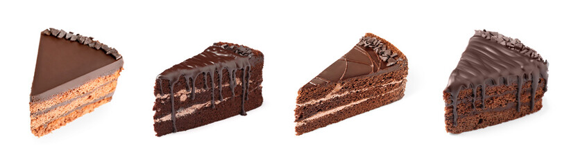 Set with different chocolate cake pieces on white background. Banner design