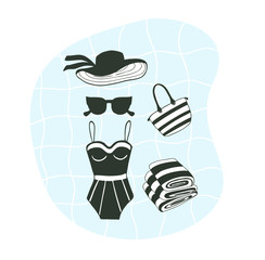 monochrome black and white set of beach items, sunglasses, hat with ribbons, vintage swimsuit, bag and folded striped towel