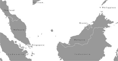 Vector isolated illustration. Grey simplified map of Malaysia in the center, neighboring countries are close. White background.