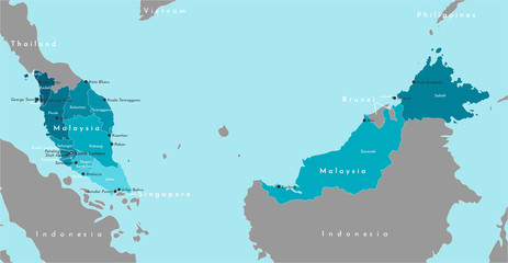 Fototapeta premium Vector modern illustration. Blue simplified administrative map of Malaysia. Neighboring countries in grey color. Blue background of seas. Names of big malaysian cities and states