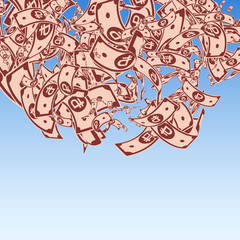 Russian ruble notes falling. Messy RUB bills on bl