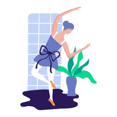 Home dance, woman classical dance, concept and vector illustration, isolated on white background. Female character and hobbies for self improvement, best hobby. Cartoon style.