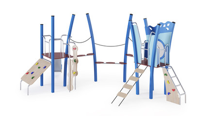 Modern children's game complex on a white background. Gaming equipment with a slide, stairs and towers for placement in the courtyards. Close-up. Clipping path included. 3D rendering.