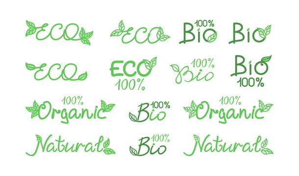 Set of icons, labels, emblems, signs for natural product, farm market, food market, eco friendly handmade product, natural product packaging. ECO, Bio, organic, natural products concept. Vector design