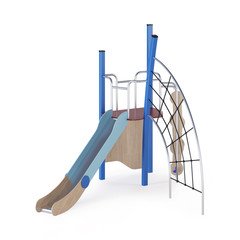 Modern children's game complex on a white background. Gaming equipment with a slide, stairs and towers for placement in the courtyards. Close-up. Clipping path included. 3D rendering.