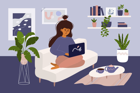 Stay and work from home concept. Cute girl sitting on sofa and working online on laptop. Coronavirus, quarantine or isolation. Flat vector illustration of young woman in cozy interior with houseplants