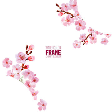 Watercolor frame with branches and cherry blossoms