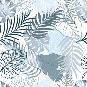 Vector seamless pattern blue watercolor palm exotics and monstera leaves on white. Vector illustration. Colored endless background.