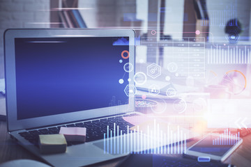 Fototapeta premium Technology theme drawing and work space with computer. Double exposure. Concept of innovation.