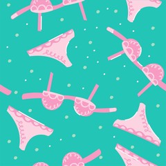 Seamless vector pattern with pink swimsuits. Bra and thongs are a fun background. - 332882099