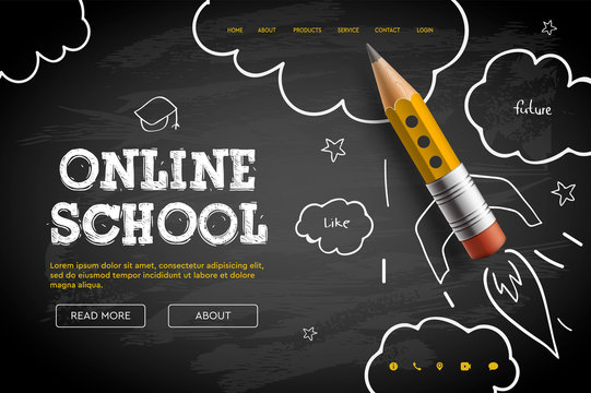 Online School. Digital internet tutorials and courses, online education, e-learning. Web banner template for website, landing page and mobile app development. Doodle style vector illustration