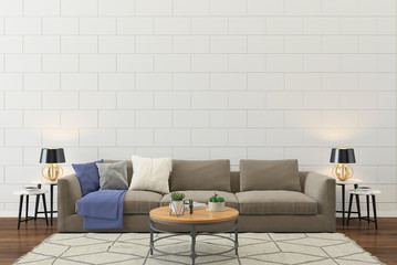 sofa and wall living room interior wood floor. 3d rendering Background mock up