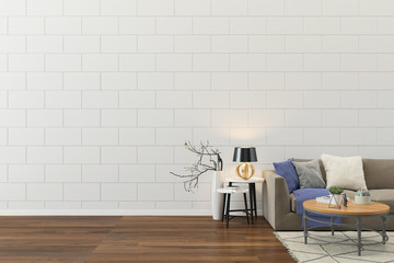 sofa and wall living room interior wood floor. 3d rendering Background mock up