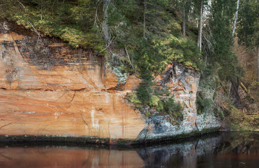 Sandstone rock wall at river with forest, rock reflection in river water,  Gauja national park, Latvia. River Brasla - 332882290
