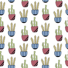 Seamless pattern with hand drawn colorful floral elements, flowers in pots on a white background. It can be used for decoration of textile, paper and other surfaces.
